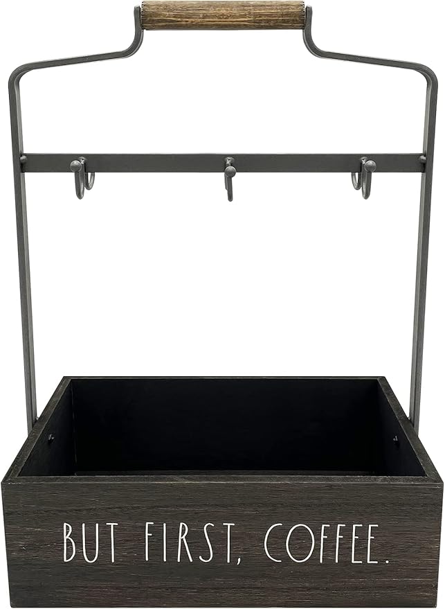 Rae Dunn Coffee Mug Holder - 6 Hook Coffee Cup Rack with Rectangular Rustic Style Crockery Holder - Storage or Display - Mug Stand Organizer for Kitchen Counter or Cafe Countertop - But First Coffee