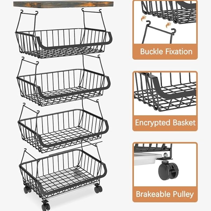 Metal Wire Baskets with Wheels, Stackable Storage Organizer for Kitchen, Bathroom, Office, Fruit & Vegetable Cart, Tableware Rack with Wooden Top