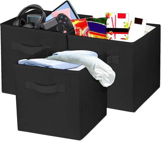 3 Pcs Storage Cubes, 10.5 Inch Collapsible Storage Bins, Fabric Foldable Bins for Organization, Durable Storage Bins for Closet, Shelves, Offices (Black)