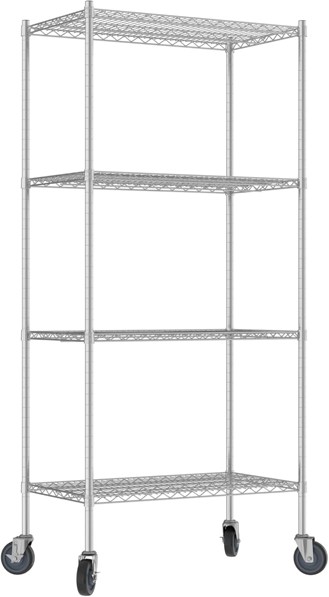 Commercial NSF Listed Chrome Mobile Wire Shelving Kit 21" x 36" x 80", with 4 Shelves Perfect for Warehouse, Walk-in Refrigerator, Freezer, Grocery Store, Restaurant, Dishroom