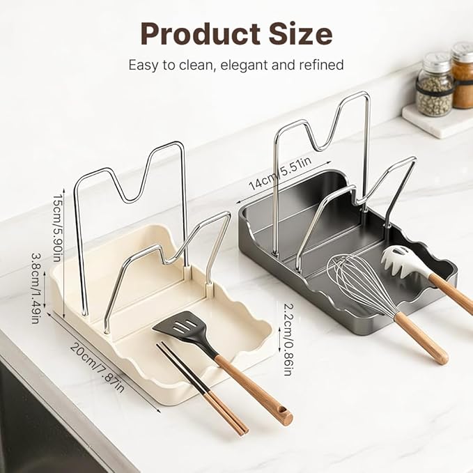 Kitchen Pot Lid Storage Rack, New Multifunctional Stainless Steel Pot and Pan Organizer with Removable Drip Tray, Lid Holder While Cooking, Lid And Spoon Rest (Begie Double)