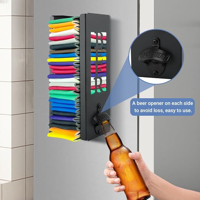 2 in 1 Can Cooler Holder with Bottle Opener, Personalized Beer Can Sleeves Storage Organizer Dispenser for Home Family Bar, Metal Cool Stuff Gift for Men Women(COLOR:Black)