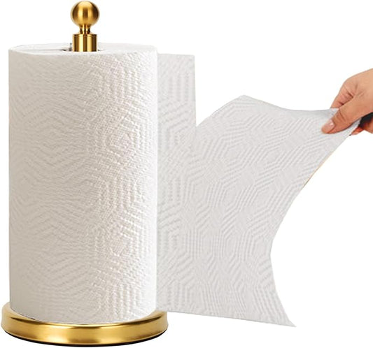 Gold Paper Towel Holder Countertop, Standing Paper Towel Roll Holder for Kitchen Bathroom, with Weighted Base for One-Handed Operation (Stainless Steel Base, Gold)