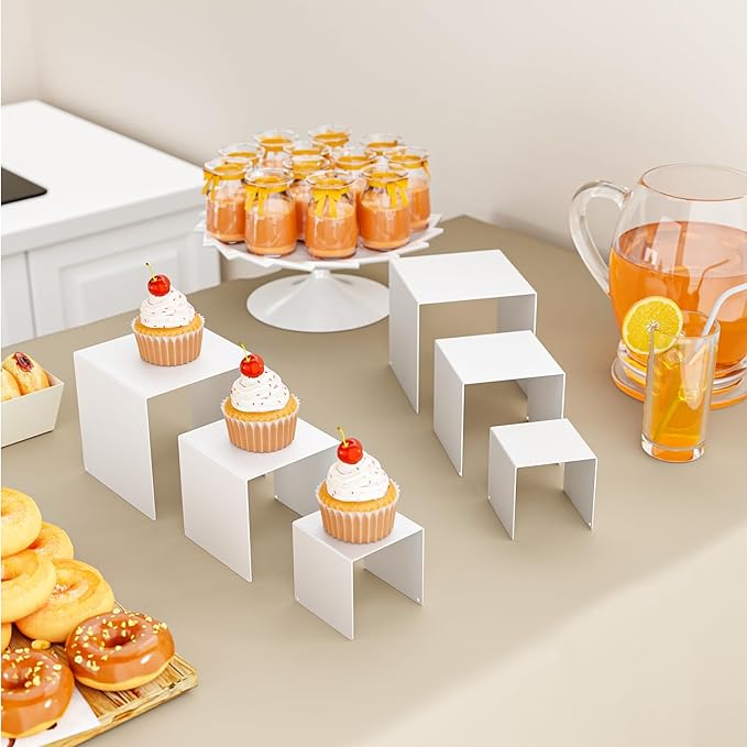 Matte Metal Display Stand,6 Pcs 2 Set Display Risers for Display, Metal Rectangular Display Shelf for Showcase, Dessert, Toys, Perfume (White, 3''x4''x5)
