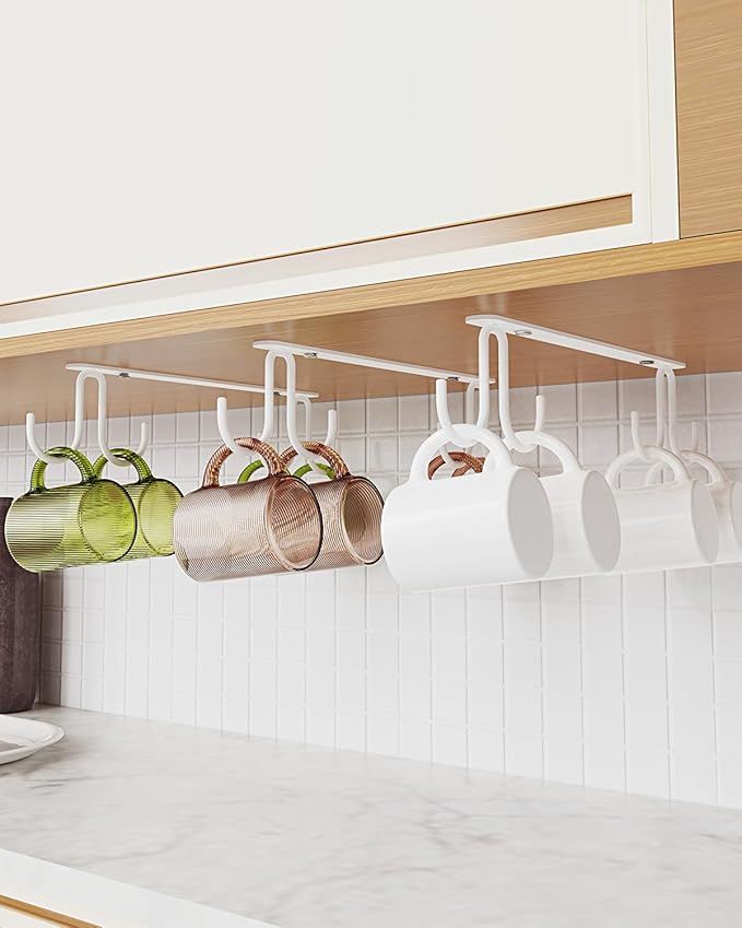 Mug Hooks Under Cabinet 3 Pack, Coffee Cup Hooks for Hanging Under Shelf, Mug Organizer Rack with 12 Hooks for Displaying Mugs, Coffee Cups and Kitchen Utensils, White
