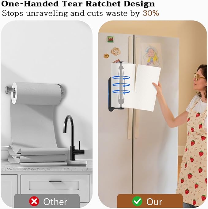 Magnetic Paper Towel Holder for Fridge - No Drill, One Hand Tear with Ratchet Mechanism, Black, Self-Adhesive & Wall Mount for Kitchen, RV, Garage