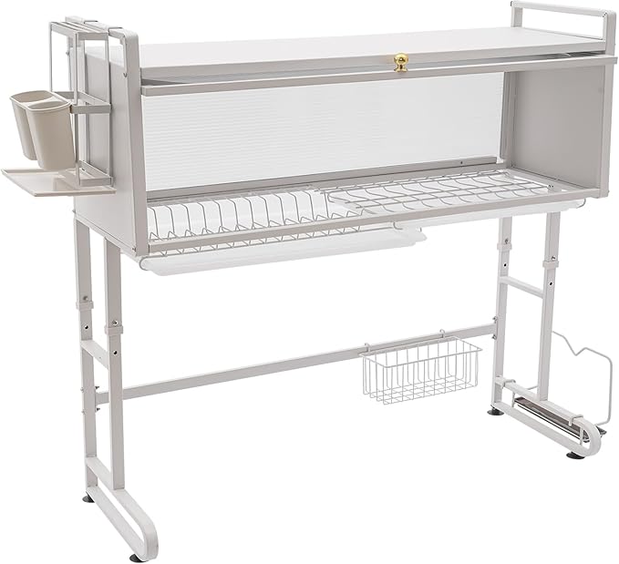 Over The Sink Dish Drying Rack, 3-Tier Kitchen Dish Drainer Rack Height Adjustable Dishware Holder Utensil Organizer Metal Storage Shelf for Countertop