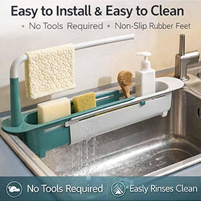 Updated Telescopic Sink Storage Rack, Dish Drying Rack over the Sink, Expandable Slim Drain Basket, Multifunctional Caddy Adjustable Kitchen Sponge Holder, for Counter Space Bathroom (1 PCS-Blue)