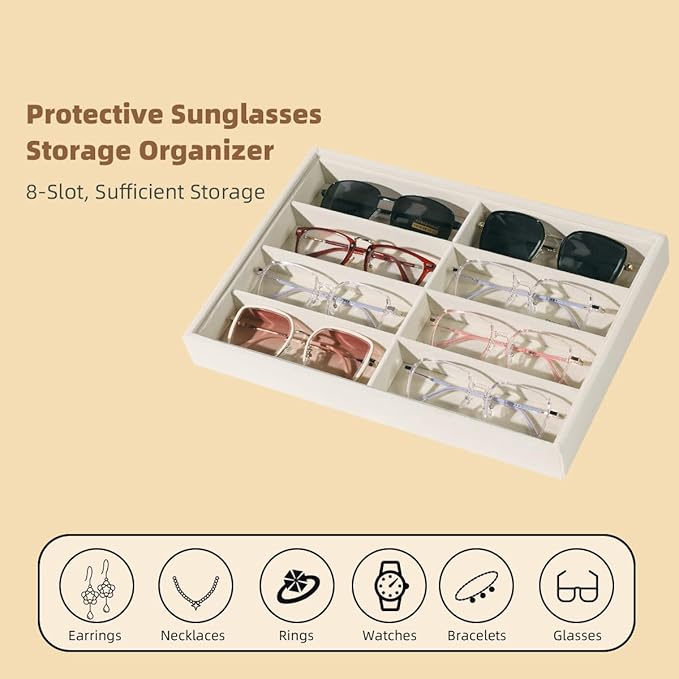 Glasses Holder Box Drawer Sunglass Organizer for Men Clear Wide Storage Case 8 Slots Multiple Reading Glasses Display, Beige Velvet