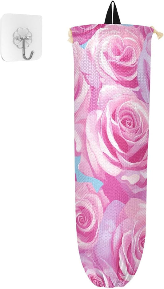 Plastic Bag Holder Wall Mount Grocery Bag Shopping Bag Storage Holder Organizer Dispenser with Adhesive Hook,for Kitchen Bathroom Home Decor 9x22 Inches Watercolor Roses Pink29