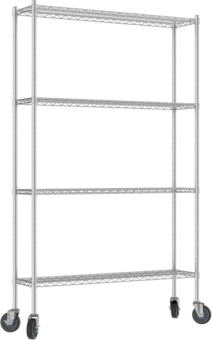 Commercial NSF Listed Chrome Mobile Wire Shelving Kit 12" x 48" x 80", with 4 Shelves Perfect for Warehouse, Walk-in Refrigerator, Freezer, Grocery Store, Restaurant, Dishroom