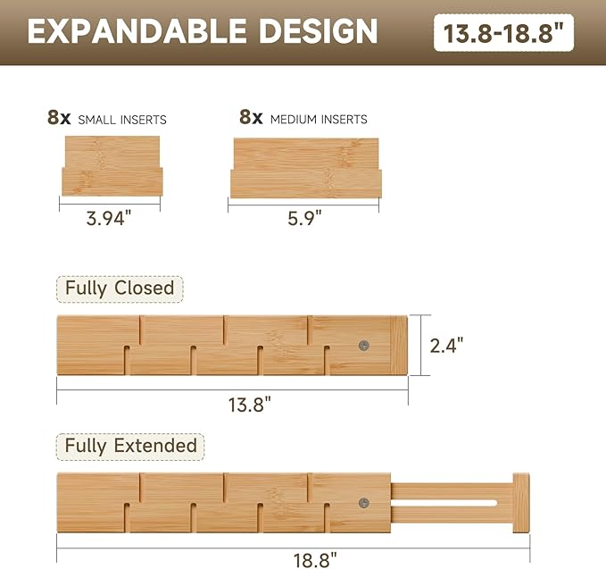 Kitchen Drawer Organizer, Expandable Bamboo Drawer Divider, Include 8 Dividers, 8 Small Inserts and 8 Medium Inserts for Home, Office, Dressers (Short-8 Dividers)