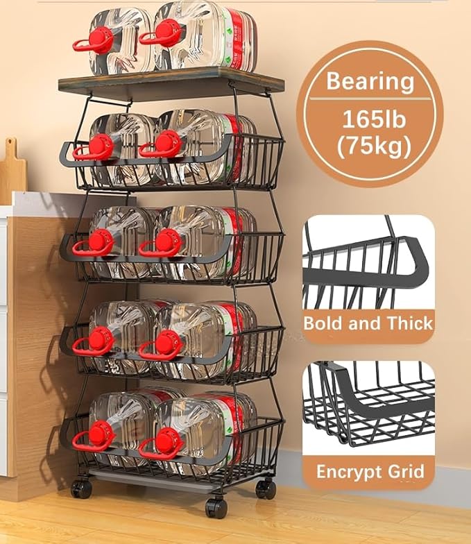 Metal Wire Baskets with Wheels, Stackable Storage Organizer for Kitchen, Bathroom, Office, Fruit & Vegetable Cart, Tableware Rack with Wooden Top