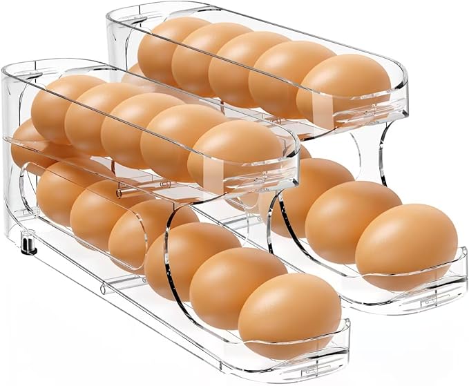 Egg Holder for Fridge, Auto Rolling Egg Storage Organizer for Refrigerator, Clear Space Saving Container, Dispenser - FIFO Egg Roller for Eggs 24 Count
