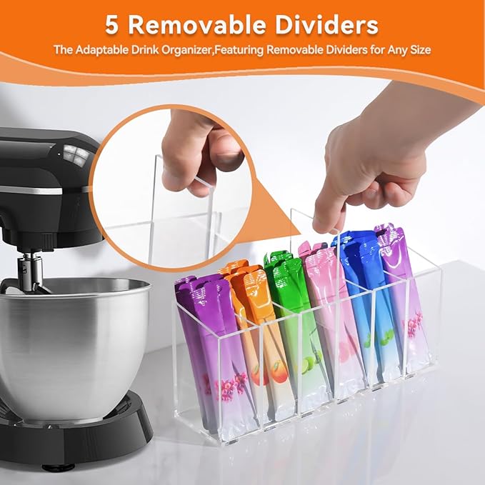 Drink Packet Organizer,Water Drink Packet Holder with Removable Divider,6 Compartment Water Flavor Packet Storage with Soft Magnetic&Adhesive Sticker for Kitchen Pantry Cabinet Fridge