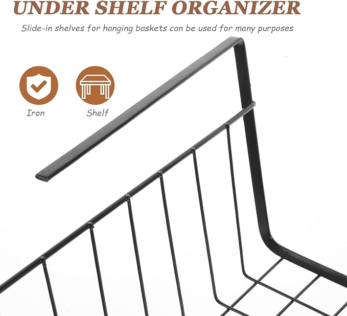 KESYOO under Shelf Storage Basket Wire Organizer Iron Hanging Cabinet Rack Black Removable Kitchen Pantry Organizer for Cabinet and Closet