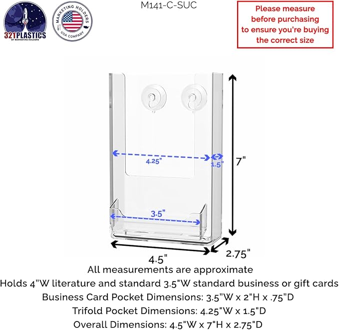 Marketing Holders 6 Pack Suction Cup Trifold Holder for 4 Inch Wide Paper with 3.5" x 2" Business Card Slot Window or Glass Wall Mounting Display Rack Printed Media Clear Plastic Please Take One