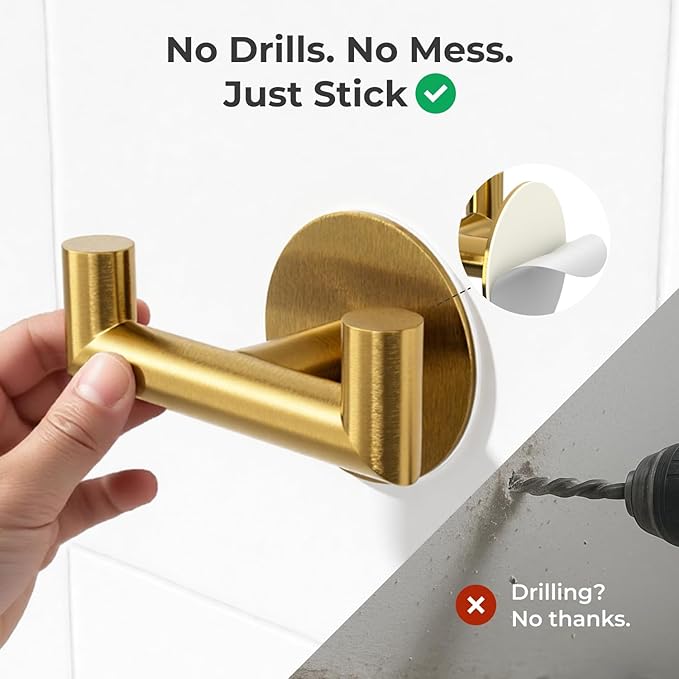 GWAAZXGZ 2 Pack Brushed Gold Bathroom Hooks for Towels - Self Adhesive Double Hooks for Wall, No Drilling, Stainless Steel 304, Strong Hold for Robes, Coats, Shower Use
