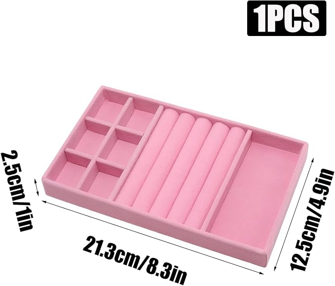 Velvet Jewelry Organizer Trays Pink Stackable Jewelry Storage Display Tray with Removable Dividers, 3-in-1