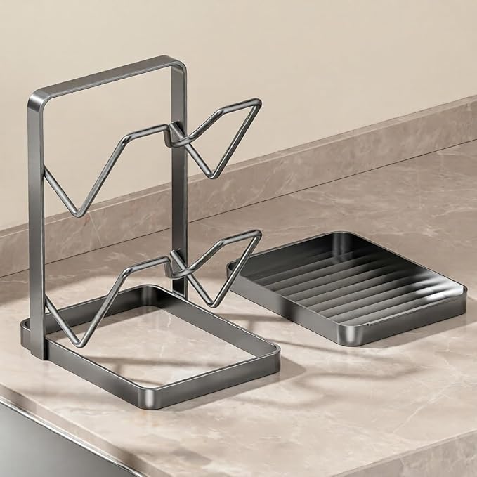 Kitchen Pot Lid Storage Rack, Pot Lid Organizer with Removable Drip Tray & U-Shaped Holder - Space-Saving Countertop & Stove Top Organizer, Perfect for Home Chefs