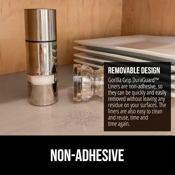 GORILLA GRIP DuraGuard Shelf Liner, Non-Adhesive Cabinet Liners for Kitchen Drawers, Shelves, Refrigerator, Pantry Storage, Bathroom Closet, Durable Waterproof BPA Free Ribbed Plastic, 17.5x10 Beige