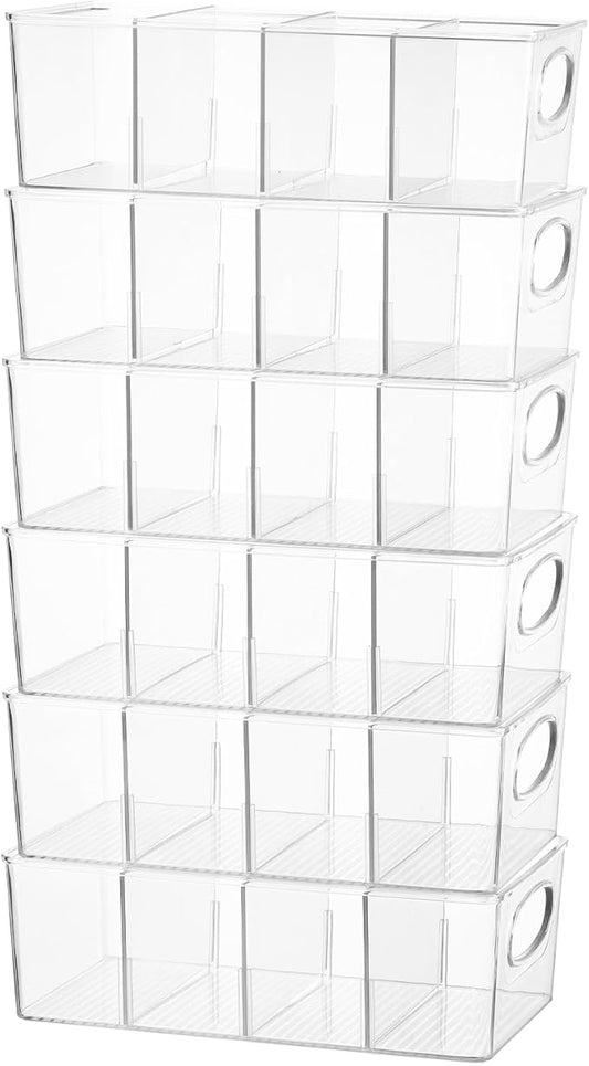 4-Section Divided Storage Plastic Bins, Clear Plastic Food Storage Organizer for Kitchen, Snacks, Spice Packets,Pouches, Stackable Tea Bag Storage Bin (6 Pack)