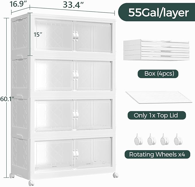 Atrasee 880QT Extra Large Stackable Storage Bins with Lid, 220Gal Collapsible Closet Organizer Box with Wheels, Folding Plastic Storage Cabinet with Doors for Home Bedroom Office Dorm, 4Pack White