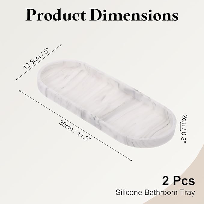 uxcell 2Pcs Bathroom Vanity Tray, 11.8" x 5" Oval Silicone Soap Dispenser Trays, Shatterproof Kitchen Sink Organizer for Soaps Keys Candle Trinket, Marble White