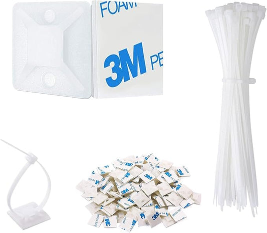 Strong Back-Glue Self Adhesive Cable Zip Tie Mounts Kit - 100 Set Cable Management Clips with 6" Zip Ties, Wire Holders - Outdoor Sticky Wire Organizer Clips - White