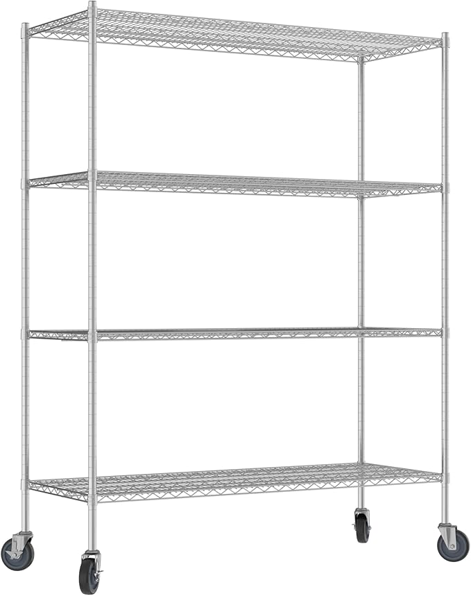 Commercial NSF Listed Chrome Mobile Wire Shelving Kit 24" x 60" x 80", with 4 Shelves Perfect for Warehouse, Walk-in Refrigerator, Freezer, Grocery Store, Restaurant, Dishroom