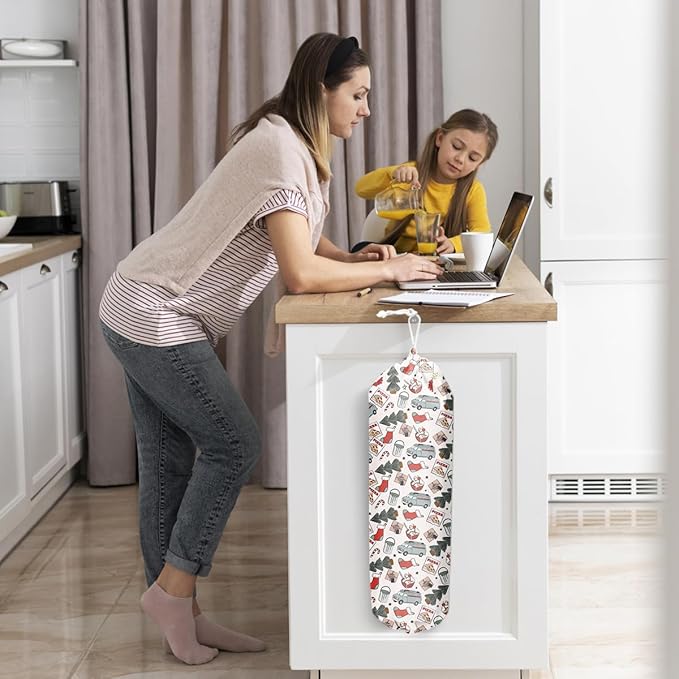Bohemian Christmas Movie Pattern Grocery Bag Holder and Dispenser Christmas Plastic Bags Organizer Garbage Shopping Trash Bags Storage for Kitchen Home Housewarming Gifts for Women Friends