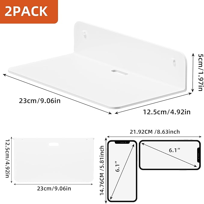 Small Floating Shelves, 9" Adhesive Wall Shelf with Cable Hole, No Drilling, Metal Display Ledges for Living Room, Bedroom, Bathroom (White, 2 Pack)