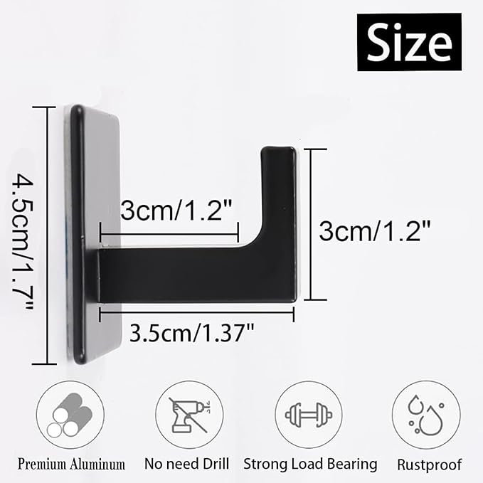 Vanloory Bath Towel Hook,10 Pack Self Adhesive Square Coat Hooks, Sturdy No Drilling Robe Hook, Heavy Duty Aluminum Clothes Hanger, Wall Hooks for Bathroom Bedroom Kitchen (2 Inch,Black)