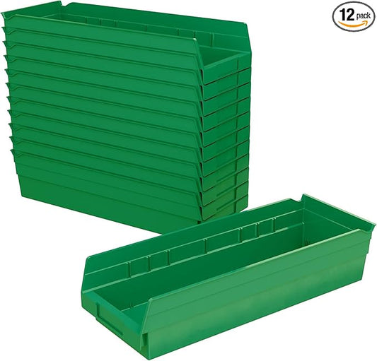 Akro-Mils 30138 Plastic Shelf Bins, Heavy Duty Storage Bins for Garage, Closet, and Drawer Organization, 18" x 6-1/2" x 4", Green, 12-Pack