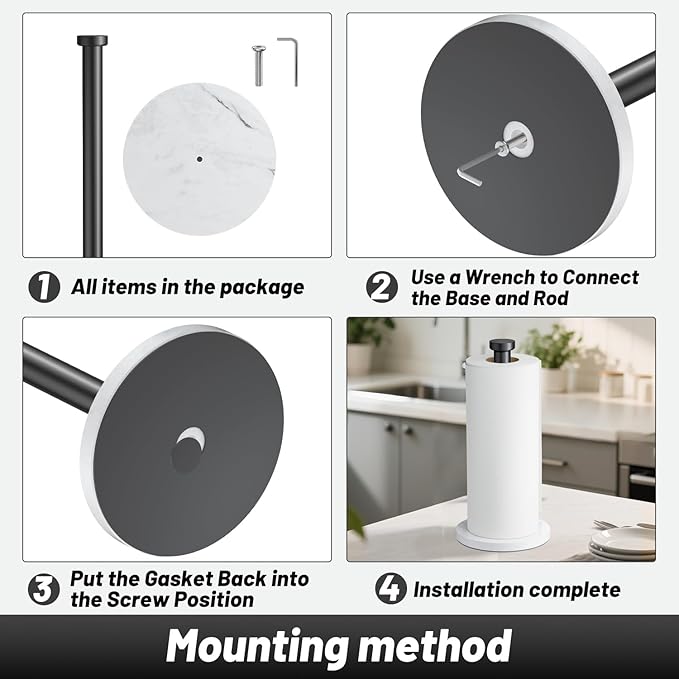 VEHHE Marble Paper Towel Holder for Kitchen Countertop, Standing Paper Towel Stand with Weighted Base & EVA Non-Slip Pad, for Bathroom or Kitchen (Black)