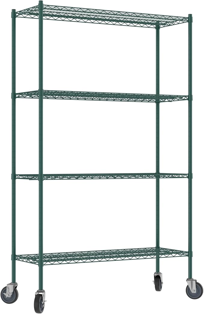 Commercial NSF Listed Green Epoxy Mobile Wire Shelving Kit 18" x 48" x 80", with 4 Shelves Perfect for Warehouse, Walk-in Refrigerator, Freezer, Grocery Store, Restaurant, Dishroom