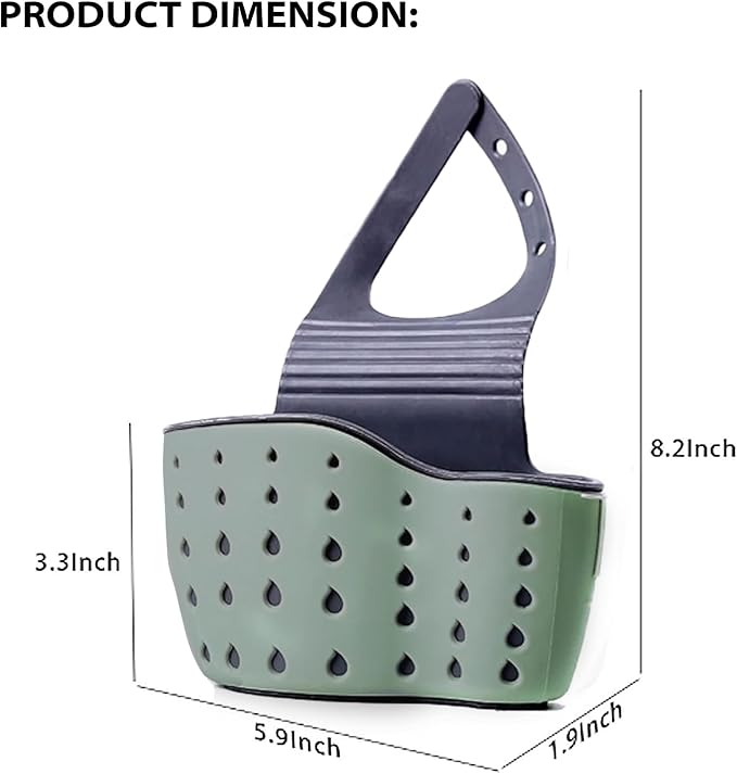 Kitchen Sink Caddy - Silicone Plastic Soap Sponge Holder - BPA-free Rack - Faucet Caddy with Drain Holes for Drying - Adjustable Hanging Strap (Green)