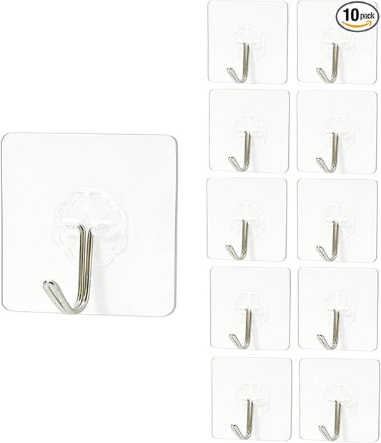 Adhesive Wall Hooks,Heavy Duty Hooks for 22lb, Clear No Drill Wall Hooks for Tile Glass, Waterproof & Removable, Home, Bathroom, Kitchen, Office, and Outdoor 10 Pack