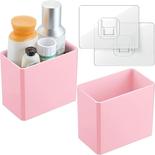 Suclain 2 Pcs Wall Mounted Organizer Non-drilling Adhesive Floating Shelf Wall Bin Organizer Hanging Storage Containers for Bedroom Bathroom Kitchen Office (Pink)