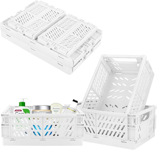 Plastic Storage Baskets for Desk Organizing, Office Drawer Organizer, 2 Medium+2 Small Durable Folding Storage Crate for Home Kitchen Classroom Office Bedroom and Bathroom Storage (White)