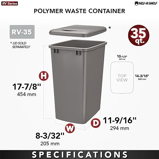 Rev-A-Shelf 2-Pack 35 Quart Polymer Replacement Trash Bin, Recycle Waste Garbage Container for Kitchen Cabinet Pullouts, White, RV-35-11-2 - Large Plastic Bins for Home and Office