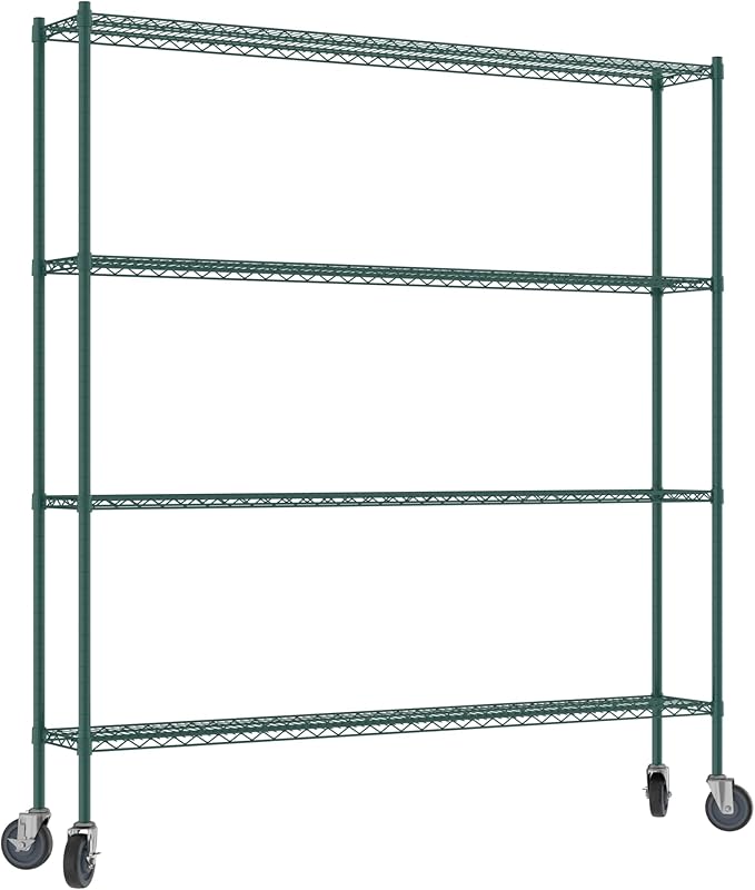 Commercial NSF Listed Green Epoxy Mobile Wire Shelving Kit 12" x 72" x 80", with 4 Shelves Perfect for Warehouse, Walk-in Refrigerator, Freezer, Grocery Store, Restaurant, Dishroom