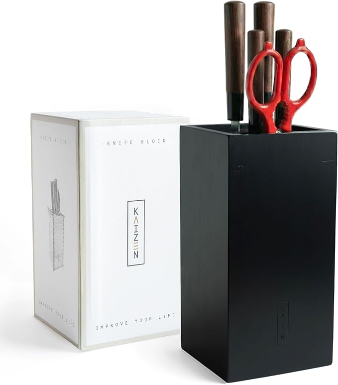 KAIZEN Bamboo Knife Block Without Knives - Perfectly Sized Universal Knife Holder for Knives, Scissors - Unique Knife Storage for Counter Top with Anti-Slip Base (Black)