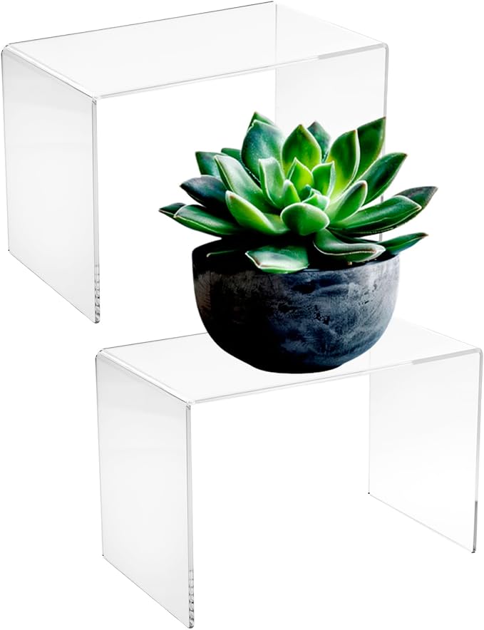 CLAY TONIC 2-Pack Large Clear 5MM Thickness Acrylic Display Risers for Kitchen Organizer and Storage,Display Food, Pantry Cabinet Shelf, Retail Display (2, 9x6x6 Inch)