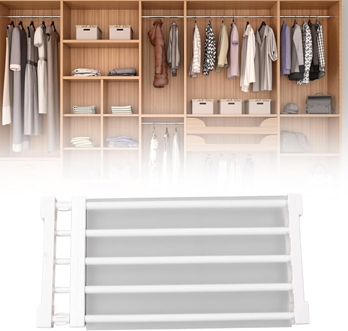 Closet Tension Shelf, Rod Expandable Storage Rack Adjustable Organizer Divider Separator Wardrobe Cupboard Hanging Shelves Pack No Slip Grip Cabinets Inside Capacity (50‑80cm /