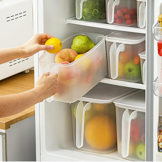 MineSign 4Pack 8L Plastic Storage Containers with Lid Large Square Food Storage Organizer Stackable Refrigerator Organizer with Handle Kitchen Containers for Fruits Vegetables Meat Egg