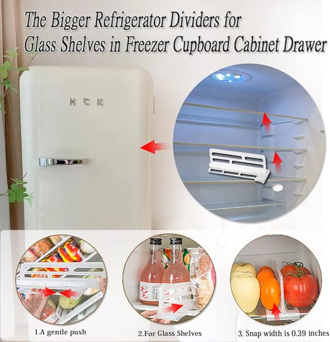 16Pcs Fridge Divider set, 8 Bigger Refrigerator Dividers for Glass Shelves in Freezer Cupboard Cabinet Drawer, with 8 Smaller Adjustable Fridge Dividers for Fridge Door Organizer Grid Separator.