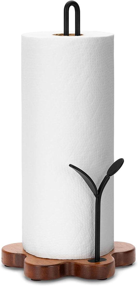 Wood Paper Towel Holder Countertop, Floral Base with Leaf-Shaped Accent Iron Rods, Easy Tear Farmhouse Kitchen Towel Holder for Dining Table