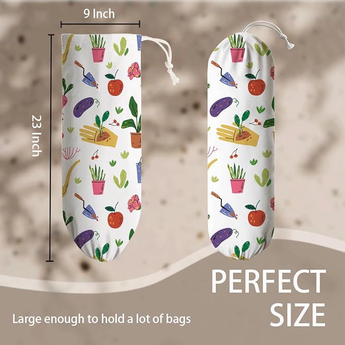 Plants Plastic Bag Holder, Reusable Washable Shopping Bags Storage Carrier, Grass Fabric Garbage Trash Bag Dispenser for Home Kitchen Pantry Cabinet, Wall Mount, Housewarming Gifts for Women