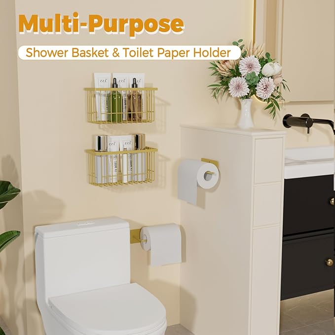 4 Pack Adhesive Cabinet Door Organizer - Tumbler Lid Organizer & Kitchen Storage baskets for Kitchen, Bathroom, Inside Cabinet Door Storage for Cup Lids, Spices, Small Supplies, Space-Saving (Gold)